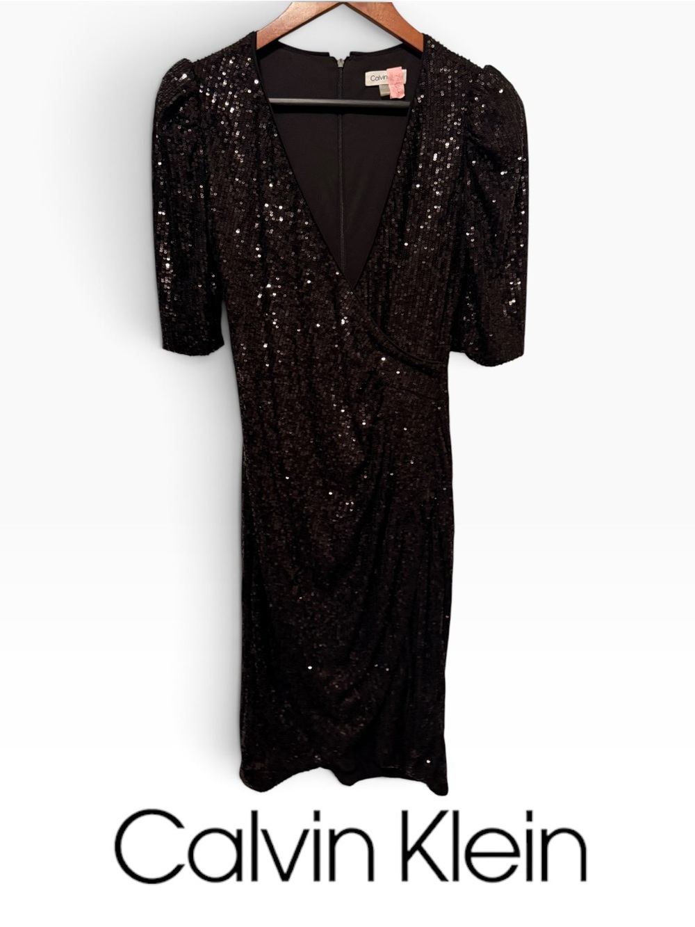 Calvin Klein Black Sequin Midi Dress with V-Neck